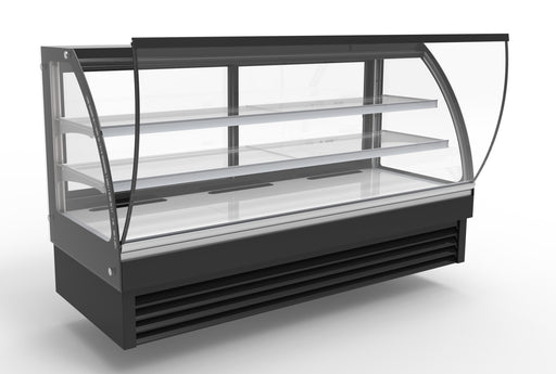 Black freestanding curved glass display fridge with LED lighting and stainless steel countertop view 2