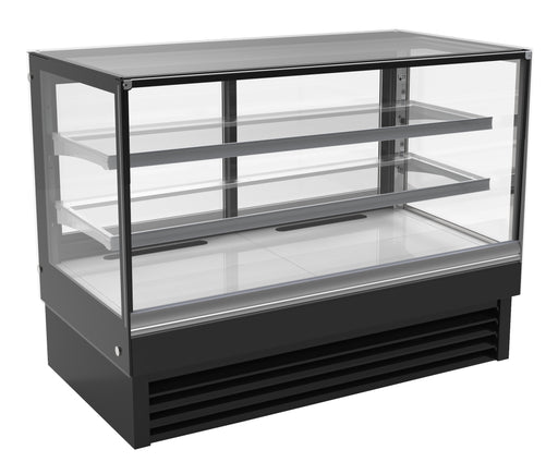 Black freestanding display cooler with straight glass front, stainless steel top and LED lighting.
