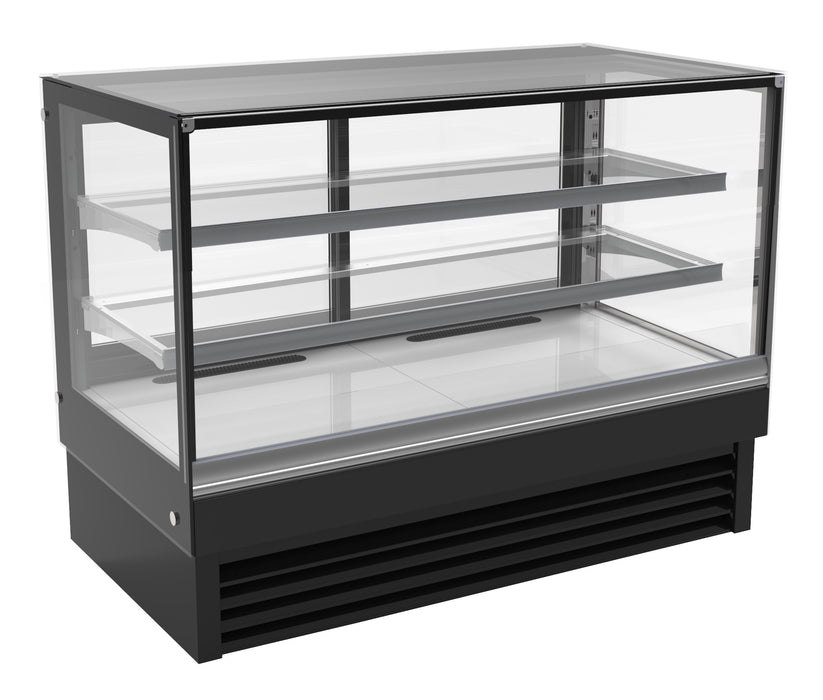 Black freestanding display cooler with straight glass front, stainless steel top and LED lighting.
