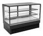 Black freestanding display cooler with straight glass front, stainless steel top and LED lighting.