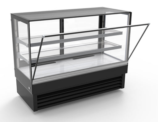 Black freestanding display cooler with straight glass front, stainless steel top and LED lighting. view 2