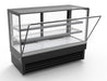 Black freestanding display cooler with straight glass front, stainless steel top and LED lighting. view 2