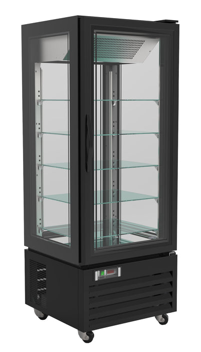 Black tall refrigerated display cabinet with LED lit interior and single glass door