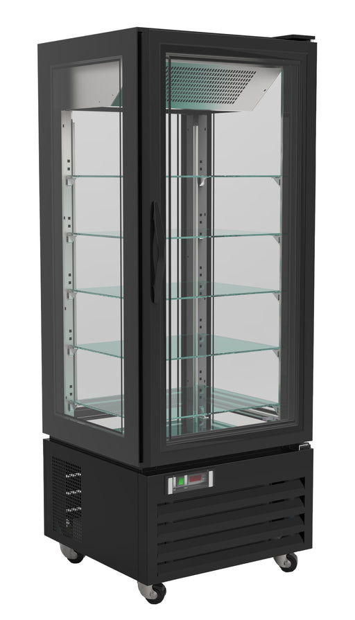 Black tall refrigerated display cabinet with LED lit interior and single glass door