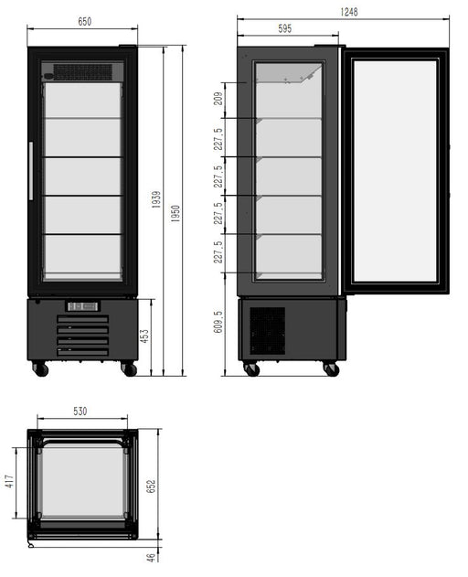 Black tall refrigerated display cabinet with LED lit interior and single glass door view 2