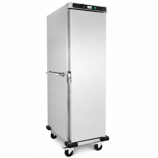 Stainless steel mobile heated banquet trolley with single door and guide rails for GN pans.