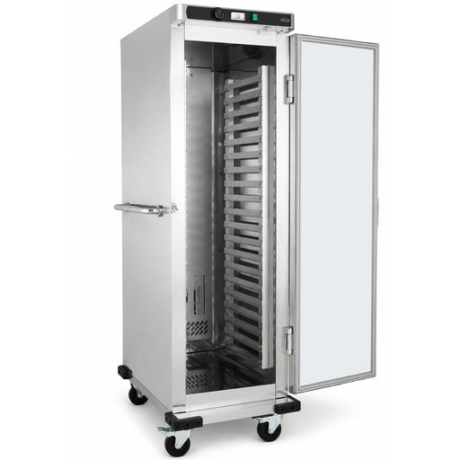 Stainless steel mobile heated banquet trolley with single door and guide rails for GN pans. view 2