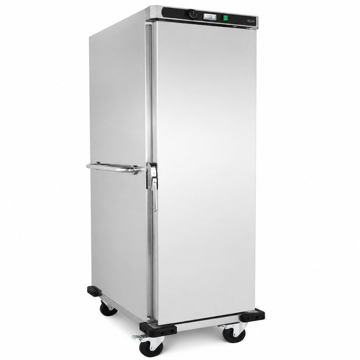 Stainless steel mobile heated banquet trolley with single door and GN pan guides.
