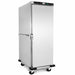 Stainless steel mobile heated banquet trolley with single door and GN pan guides.