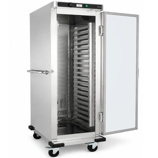Stainless steel mobile heated banquet trolley with single door and GN pan guides. view 2