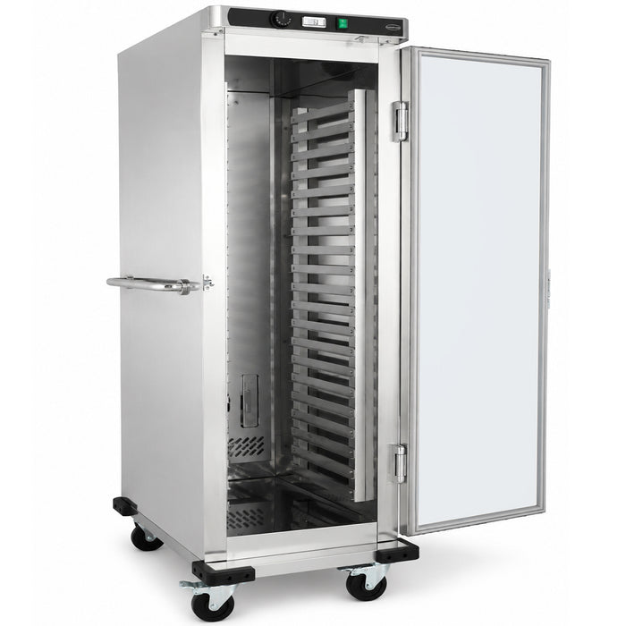 Stainless steel mobile heated banquet trolley with single door and GN pan guides. view 2