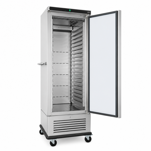 Tall stainless steel banquet trolley with single door and interior guide rails for gastronorm trays view 2