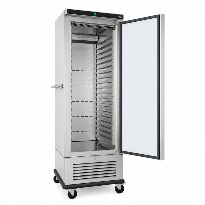 Tall stainless steel banquet trolley with single door and interior guide rails for gastronorm trays view 2