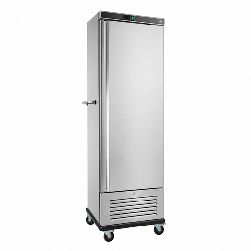 Tall stainless steel banquet trolley with single door and interior guide rails for gastronorm trays