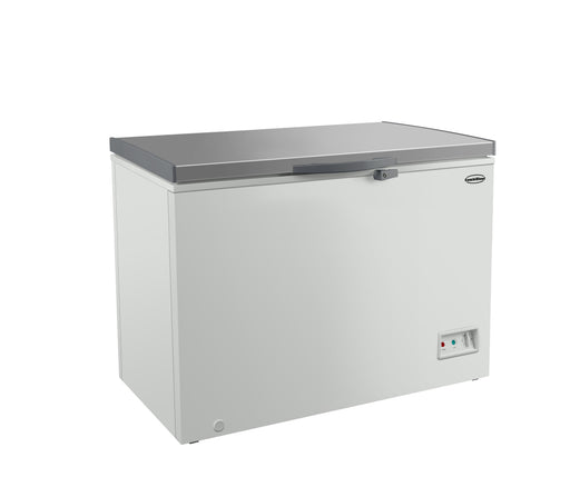 White painted steel chest freezer with stainless steel lid, freestanding unit