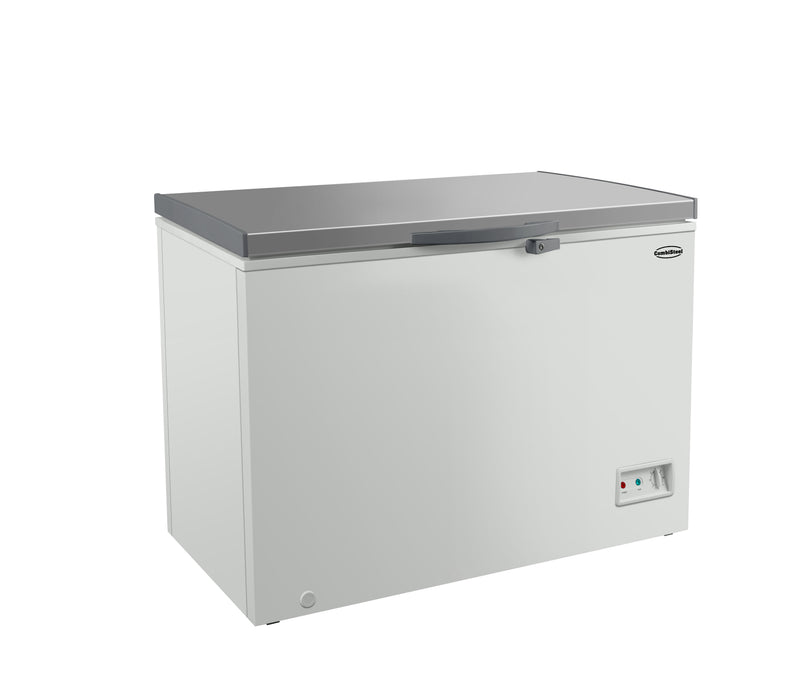 White painted steel chest freezer with stainless steel lid, freestanding unit