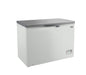 White painted steel chest freezer with stainless steel lid and manual defrost