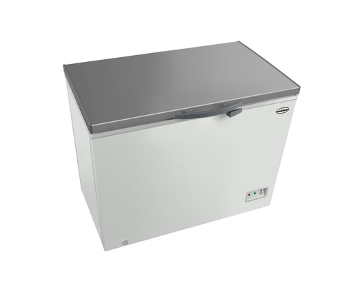 White painted steel chest freezer with stainless steel lid, freestanding unit view 2