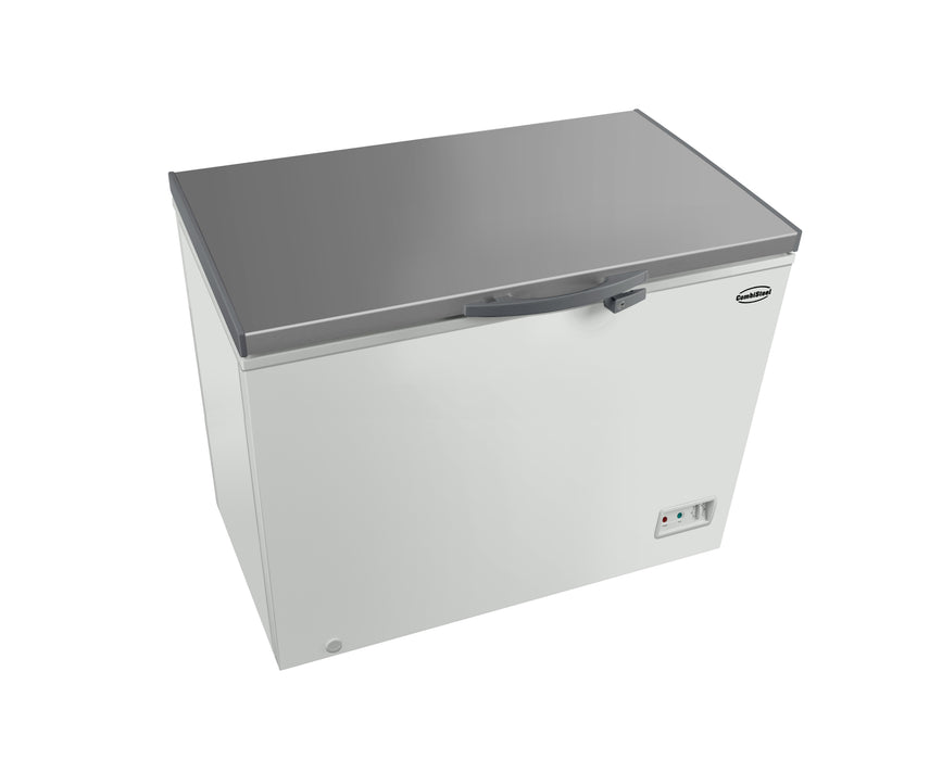 White painted steel chest freezer with stainless steel lid, freestanding unit view 2
