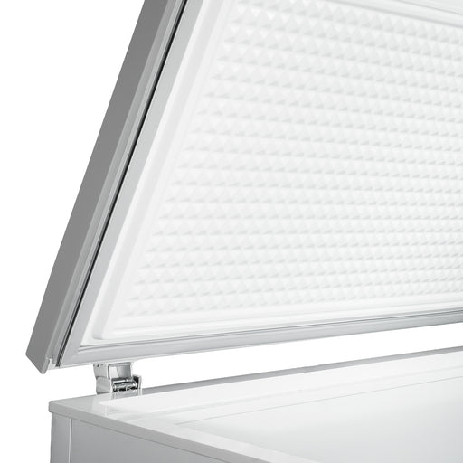 White painted steel chest freezer with stainless steel lid, freestanding unit view 3