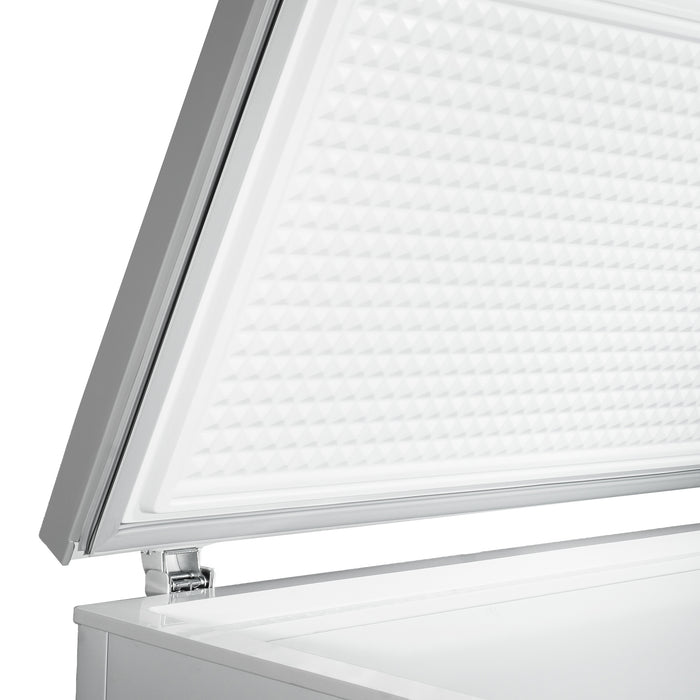 White painted steel chest freezer with stainless steel lid and lockable cover view 3