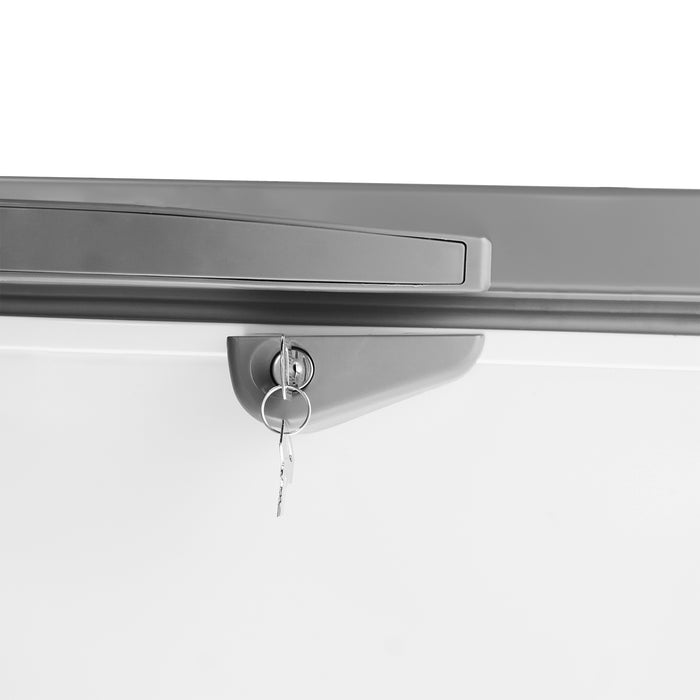 White painted steel chest freezer with stainless steel lid, freestanding unit view 7