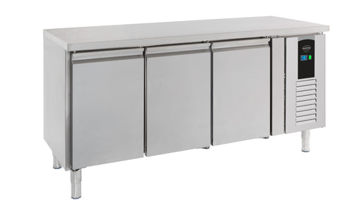 Stainless steel three-door counter refrigerator with digital temperature display