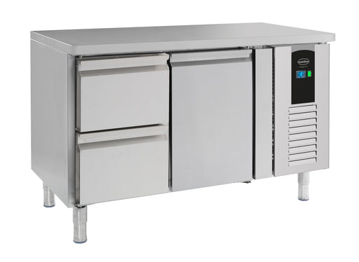 Stainless steel refrigerated counter with one door and two drawers, Energy Line model.