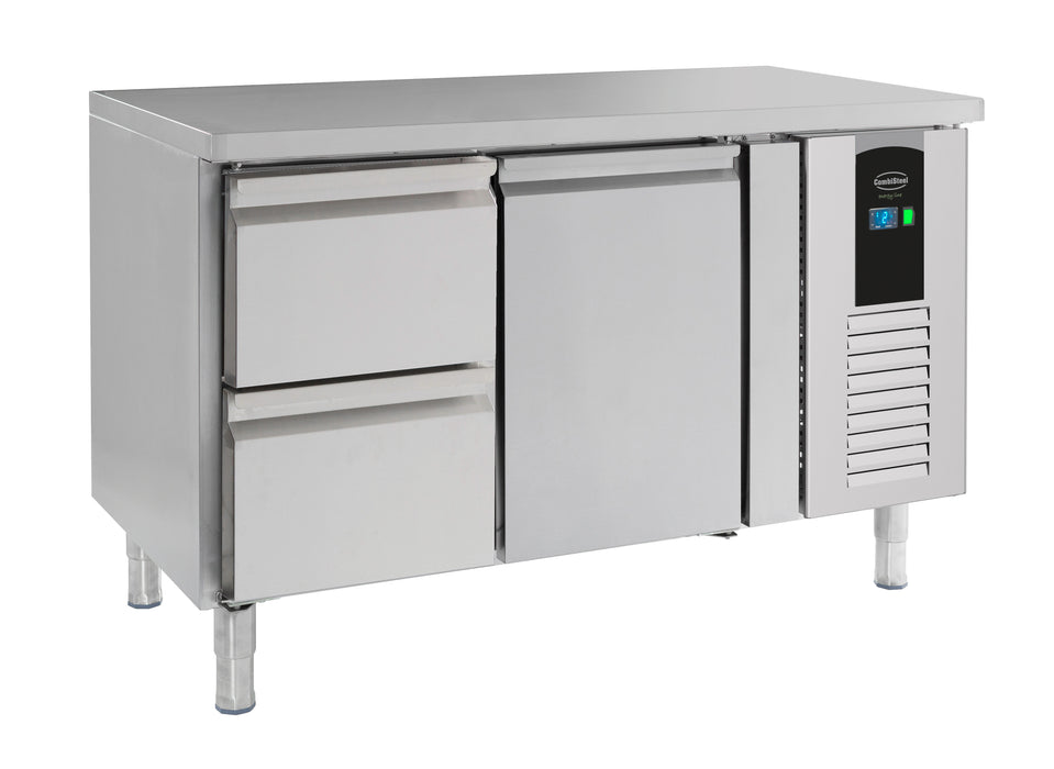 Stainless steel refrigerated counter with one door and two drawers, Energy Line model.