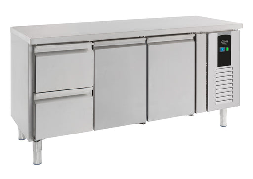 Stainless steel refrigerated prep counter with two doors and two drawers