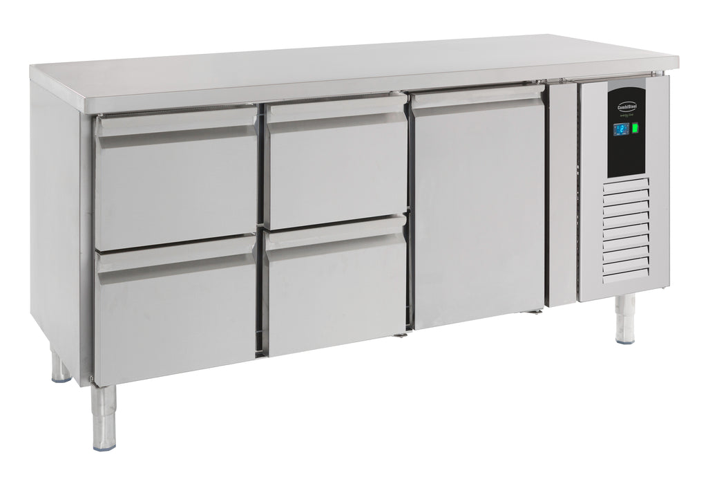 Stainless steel refrigerated counter with single door and four storage drawers