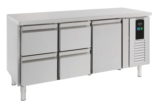Stainless steel refrigerated counter with single door and four storage drawers