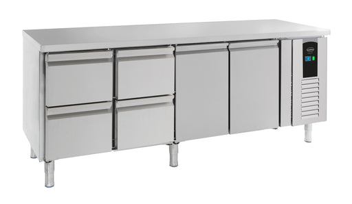 Stainless steel refrigerated counter with 2 doors and 4 drawers, 2230mm wide