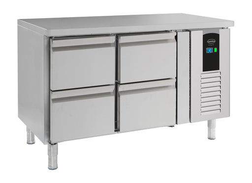 Stainless steel four drawer undercounter refrigerator with digital temperature display
