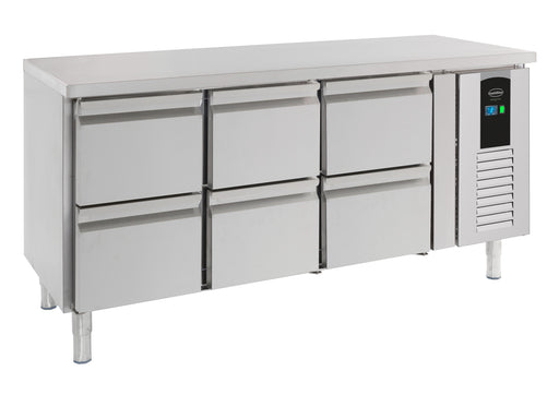 Stainless steel refrigerated prep counter with six drawers and digital temperature display