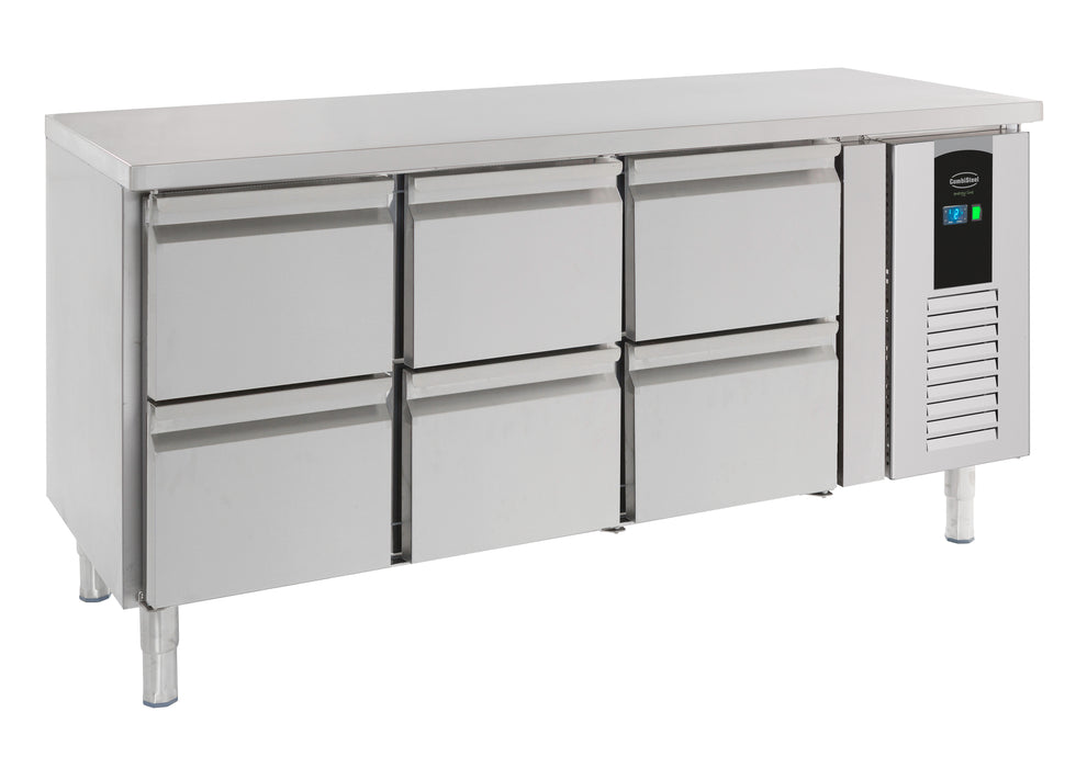 Stainless steel refrigerated prep counter with six drawers and digital temperature display