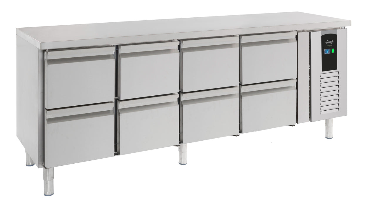 Stainless steel refrigerated counter with eight pull-out drawers and digital display panel.