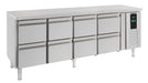 Stainless steel refrigerated counter with eight pull-out drawers and digital display panel.