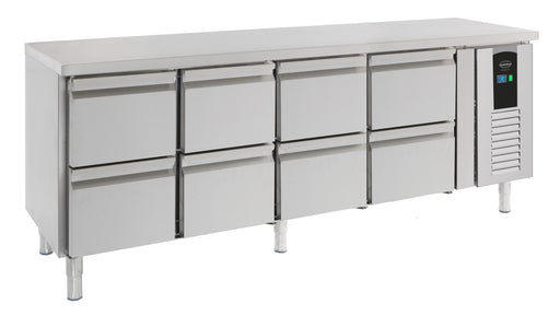 Stainless steel refrigerated counter with eight pull-out drawers and digital display panel.