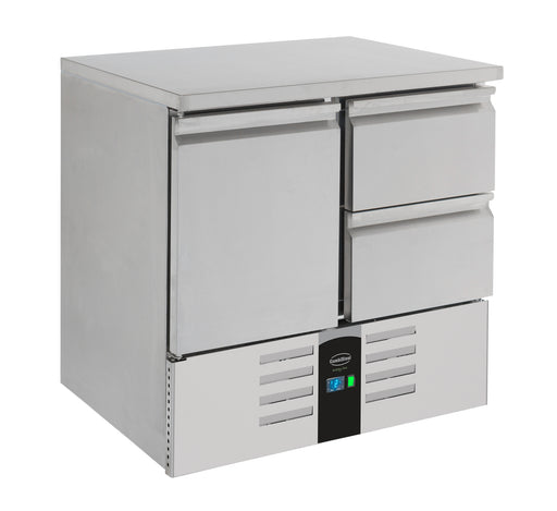 Stainless steel single door refrigerated counter with two drawers, 903mm wide