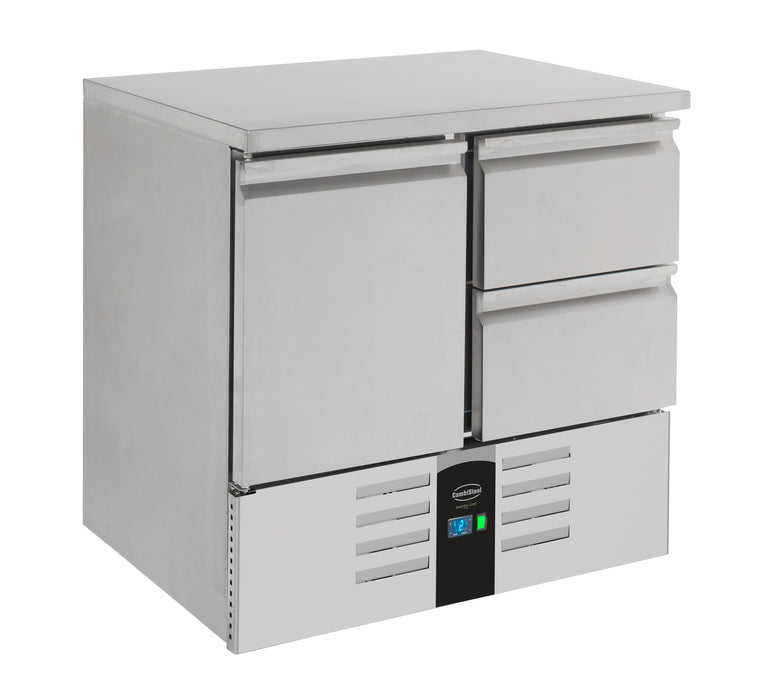 Stainless steel single door refrigerated counter with two drawers, 903mm wide