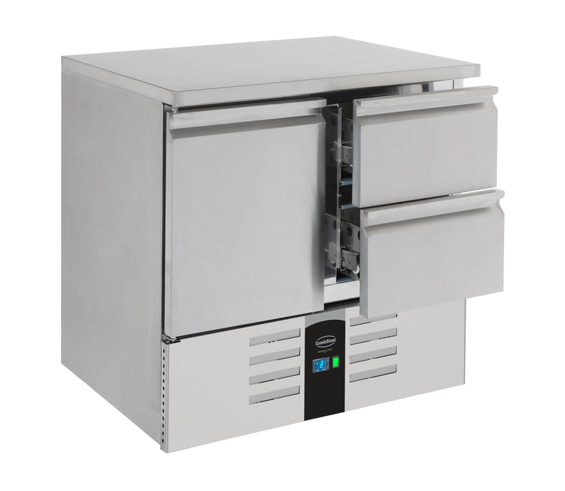 Stainless steel single door refrigerated counter with two drawers, 903mm wide view 2