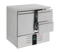Stainless steel single door refrigerated counter with two drawers, 903mm wide view 2