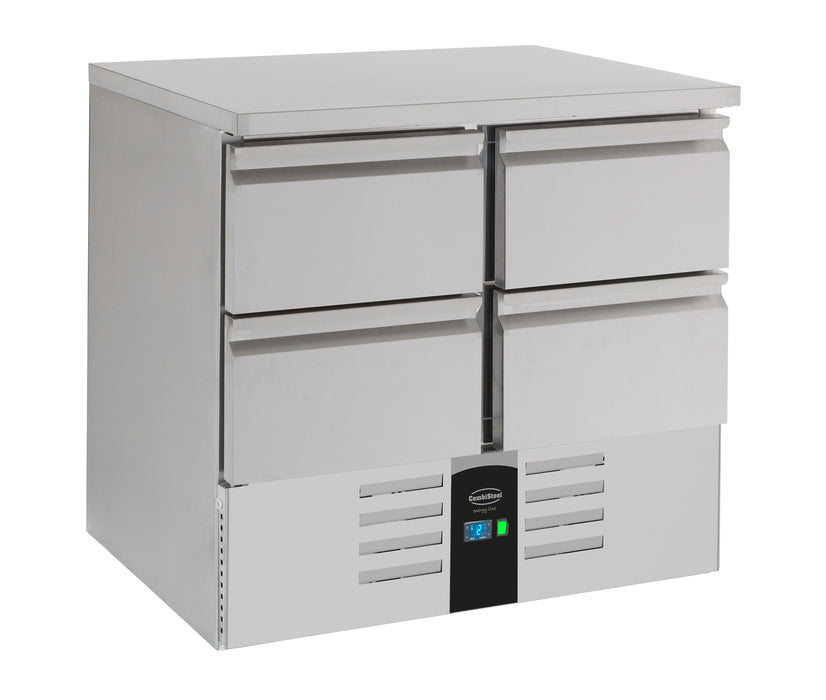 Stainless steel 4 drawer undercounter refrigerated counter with digital temperature display