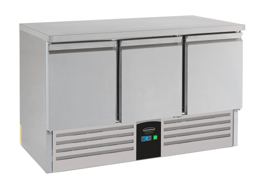 Stainless steel three door refrigerated prep counter with digital display