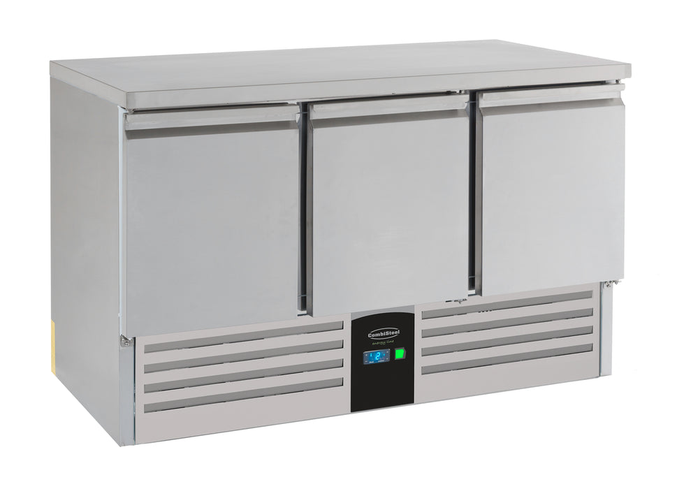 Stainless steel three door refrigerated prep counter with digital display
