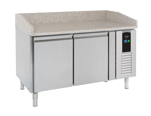 Stainless steel pizza prep counter with two doors and digital temperature display