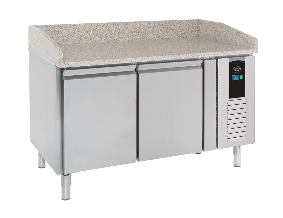 Stainless steel pizza prep counter with two doors and digital temperature display