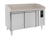 Stainless steel pizza prep counter with two doors and digital temperature display