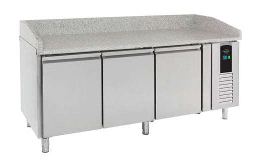 Stainless steel 3-door pizza prep counter with digital display